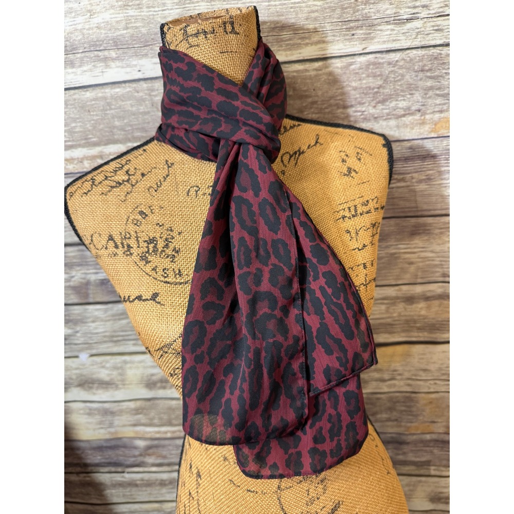 Womens Burgundy Black Leopard Print Sheer Chiffon Rectangle Scarf Animal Print